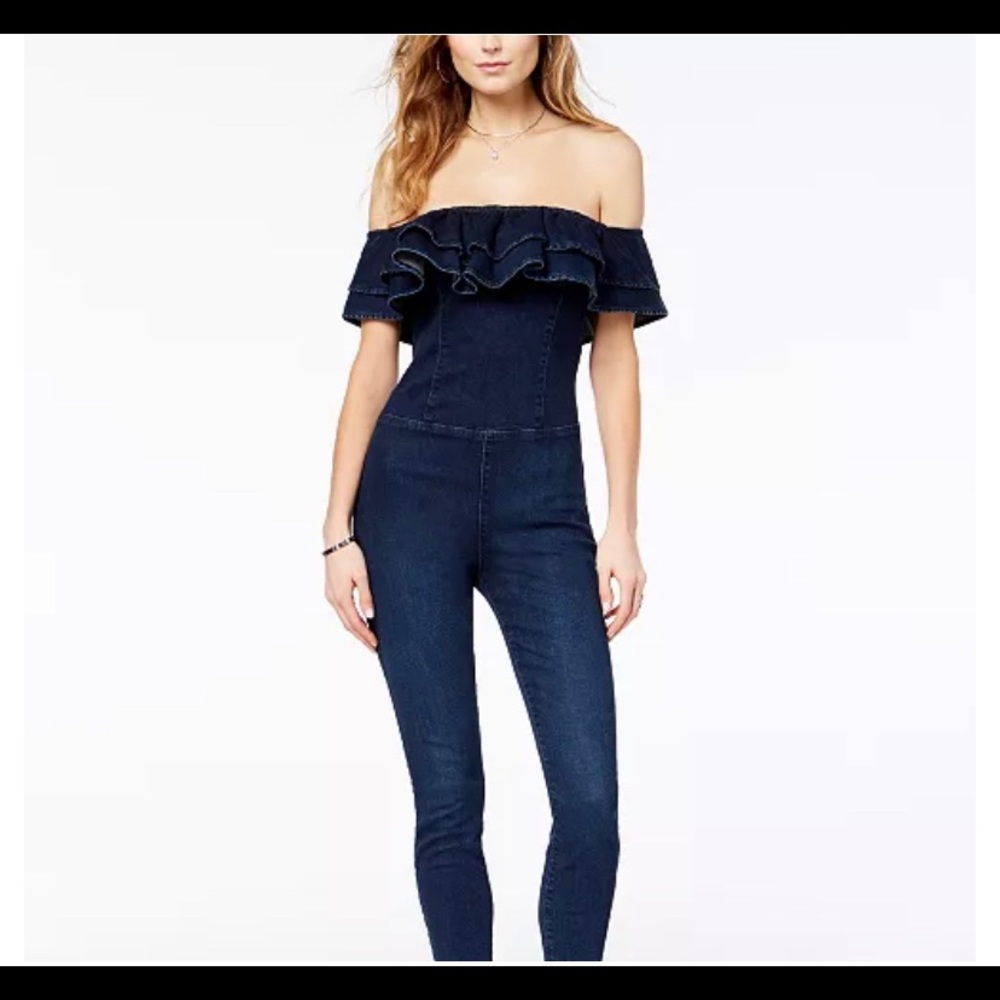 Guess Ruffled Off-TheShoulder Denim Jumpsuit